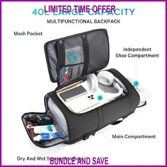 40L Travel Backpack with Shoe Compartment, Fits 17.3 Inch Laptop, Carry-on